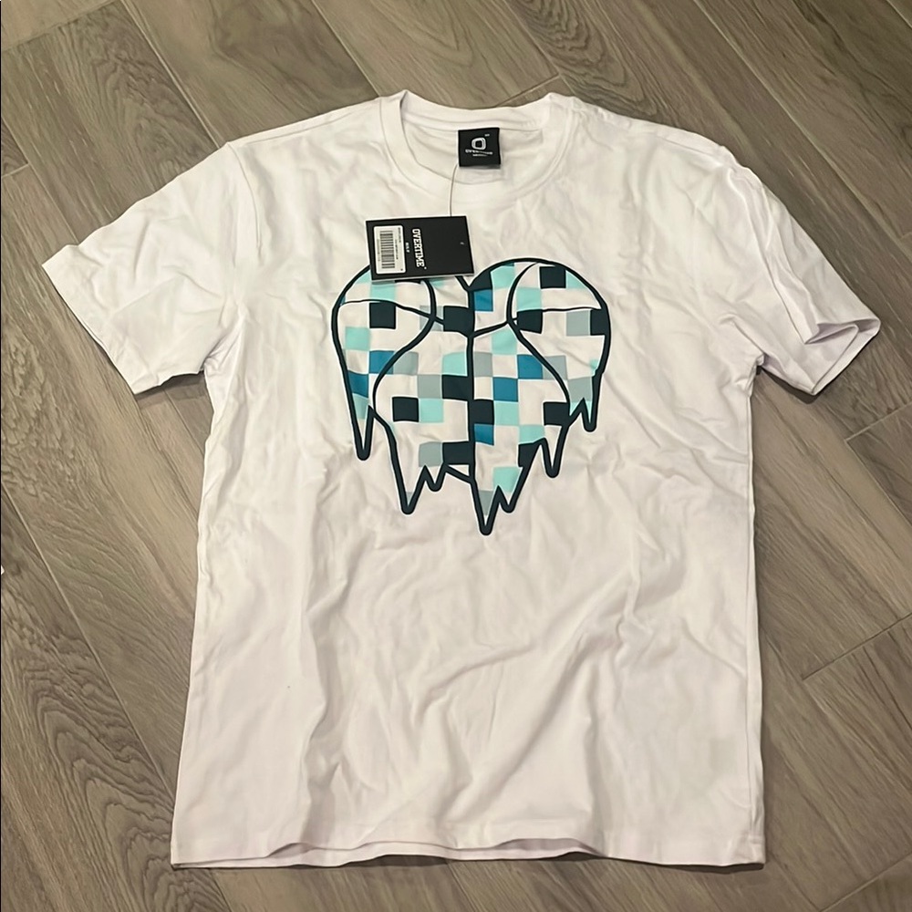 White Tee with Blue Graphic Design